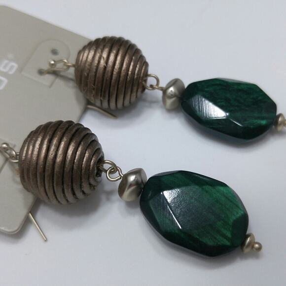 Chico's Bronze and Green Lucite Drop Bead Earrings, 2 1/4 Inches, New On Card - Picture 7 of 9